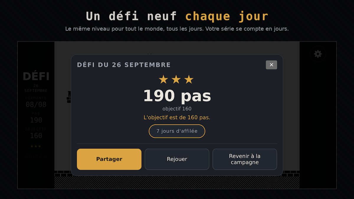 Grisou, défi du jour : 190 pas pour un objectif de 160.