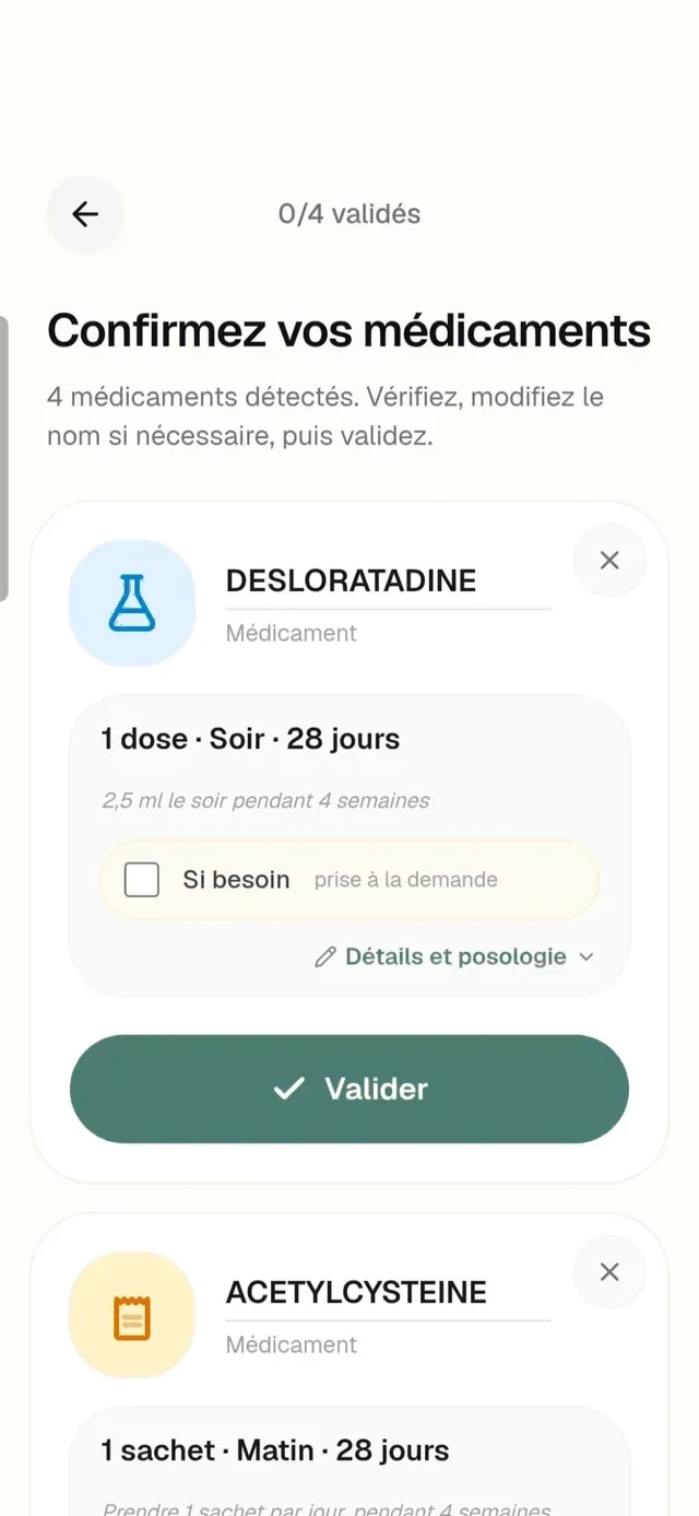 Pilou, lecture d’une ordonnance : quatre médicaments détectés à confirmer.